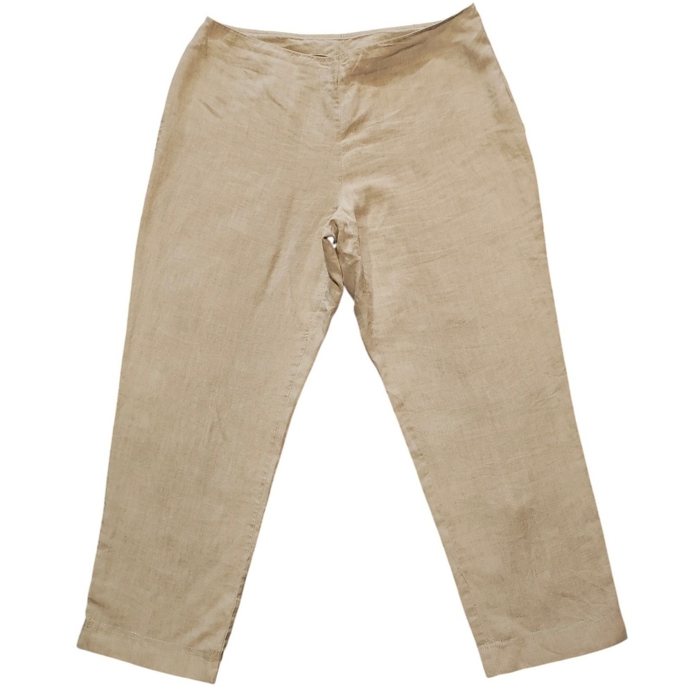 Eileen Fisher Linen Pants Tan Beige Side Zip Lagenlook Quiet Luxury Beach Large